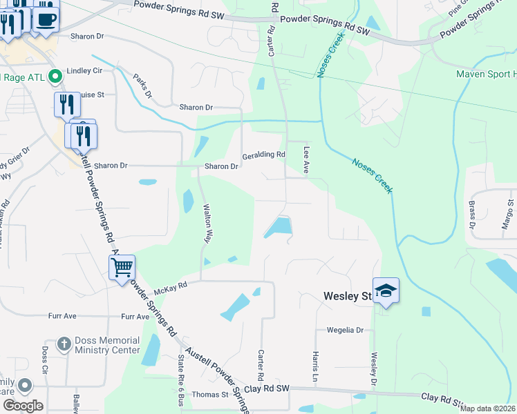map of restaurants, bars, coffee shops, grocery stores, and more near 3592 Patricia Road in Powder Springs