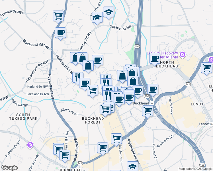 map of restaurants, bars, coffee shops, grocery stores, and more near 3475 Piedmont Road Northeast in Atlanta