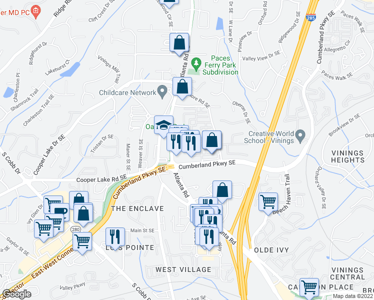 map of restaurants, bars, coffee shops, grocery stores, and more near 2116 Monhegan Way in Smyrna