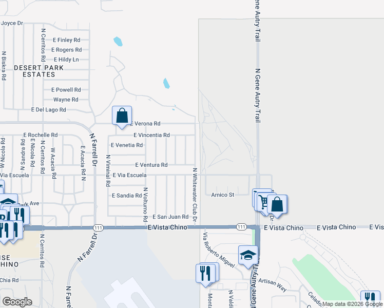 map of restaurants, bars, coffee shops, grocery stores, and more near 2300 North Whitewater Club Drive in Palm Springs