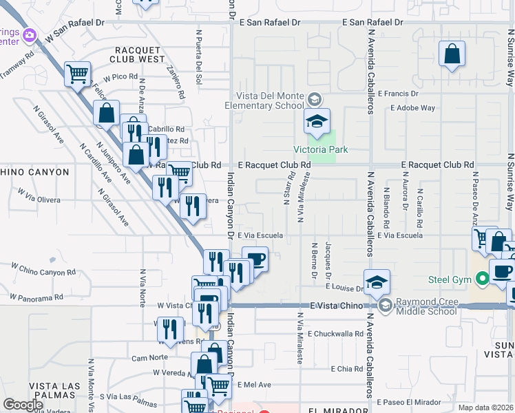 map of restaurants, bars, coffee shops, grocery stores, and more near 371 East Glen Circle South in Palm Springs