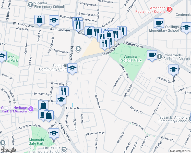 map of restaurants, bars, coffee shops, grocery stores, and more near 2624 Garretson Avenue in Corona