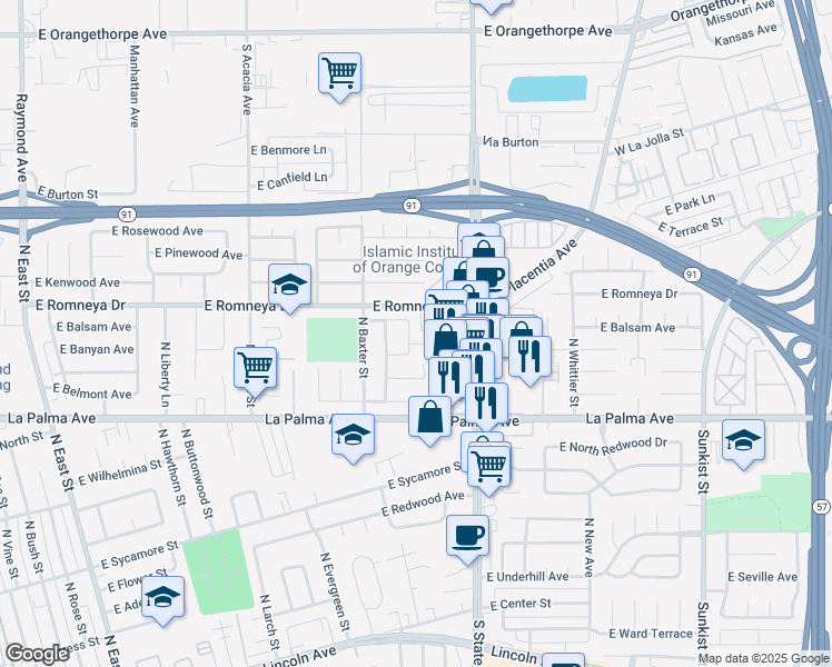 map of restaurants, bars, coffee shops, grocery stores, and more near 1836 East Romneya Drive in Anaheim