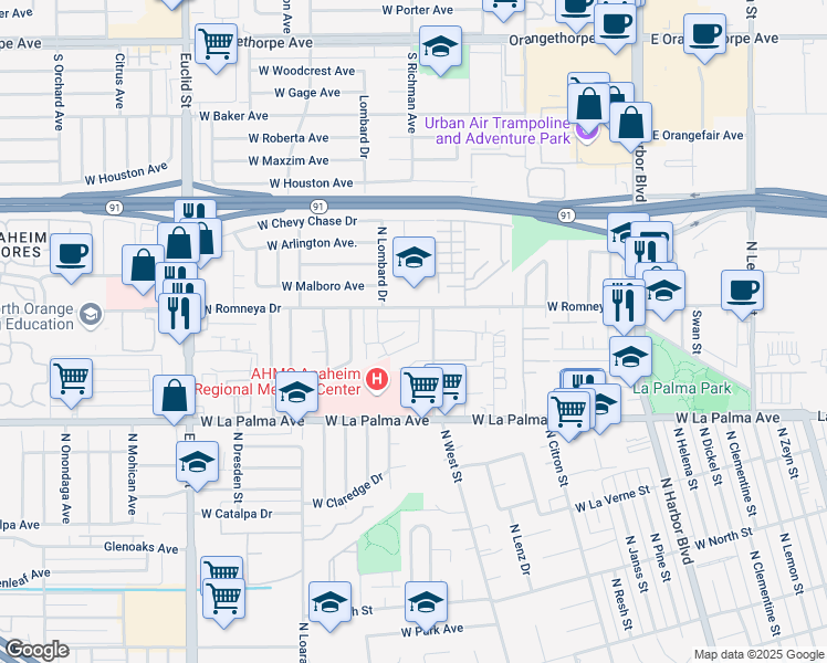 map of restaurants, bars, coffee shops, grocery stores, and more near 1116 West Romneya Drive in Anaheim