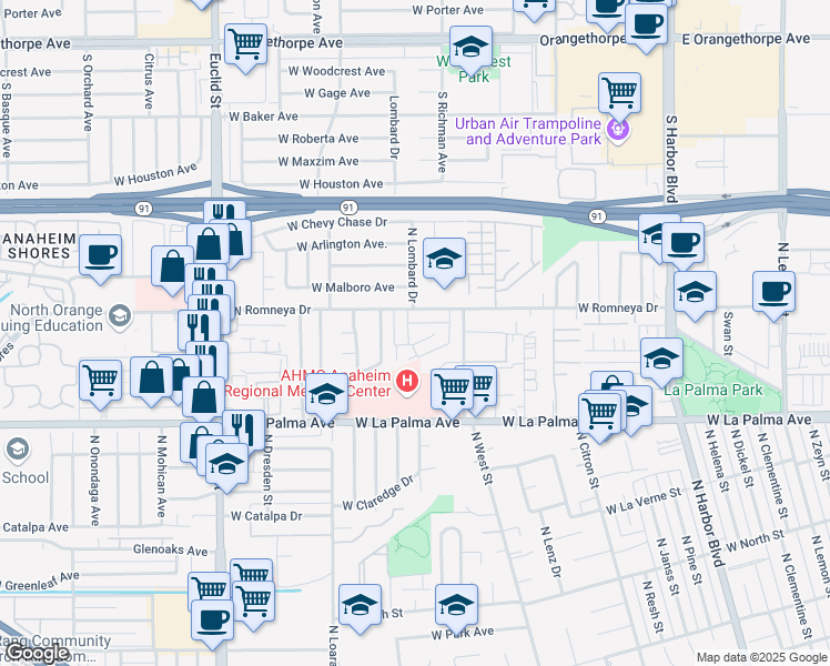 map of restaurants, bars, coffee shops, grocery stores, and more near 1191 North Lombard Drive in Anaheim