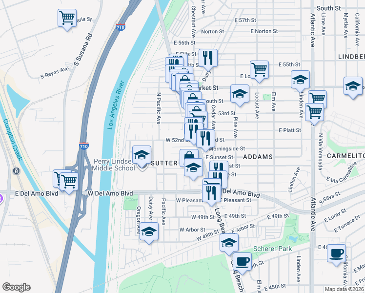 map of restaurants, bars, coffee shops, grocery stores, and more near 45 West 52nd Street in Long Beach