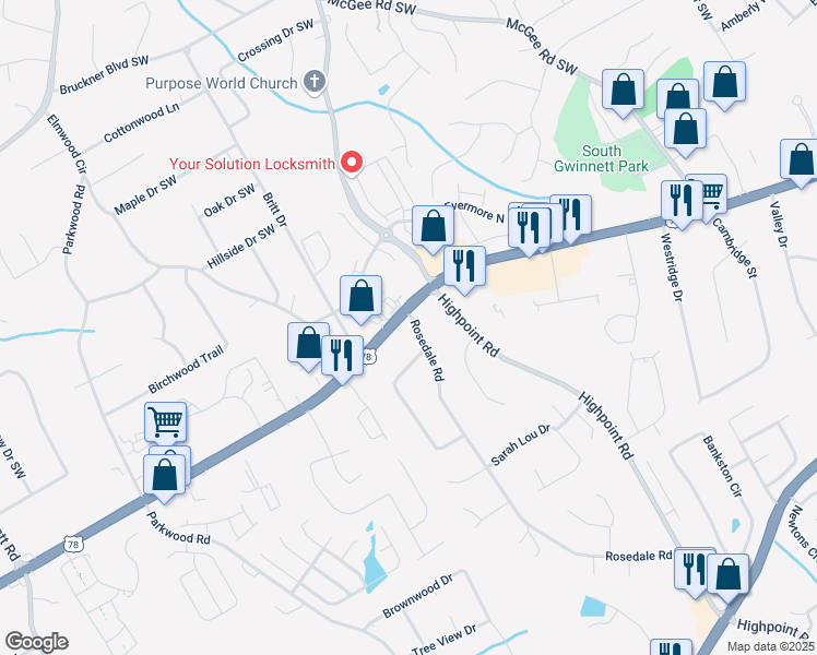 map of restaurants, bars, coffee shops, grocery stores, and more near 2155 Rosedale Road in Snellville