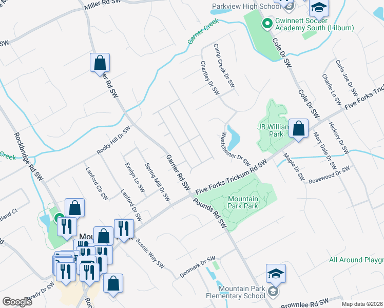 map of restaurants, bars, coffee shops, grocery stores, and more near 1157 Pearl Mist Drive in Lilburn