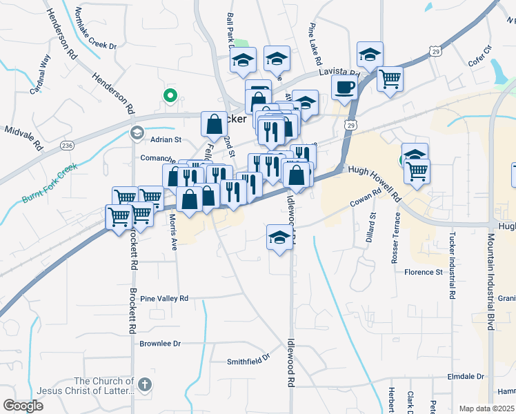 map of restaurants, bars, coffee shops, grocery stores, and more near 4065 Lawrenceville Highway in Tucker