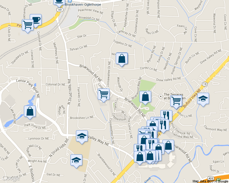 map of restaurants, bars, coffee shops, grocery stores, and more near 1404 Briarwood Road Northeast in Atlanta