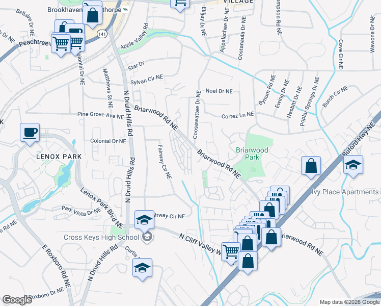 map of restaurants, bars, coffee shops, grocery stores, and more near 2295 Limehurst Drive in Atlanta