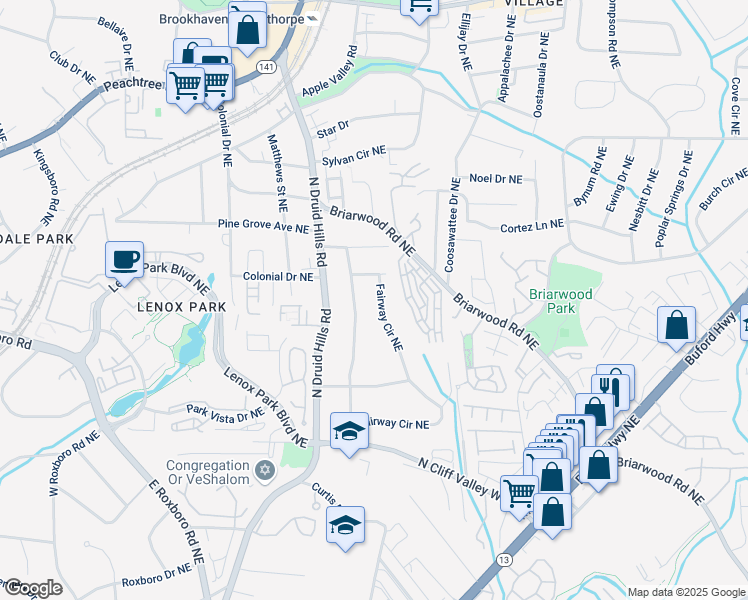 map of restaurants, bars, coffee shops, grocery stores, and more near 1875 Fairway Circle Northeast in Atlanta