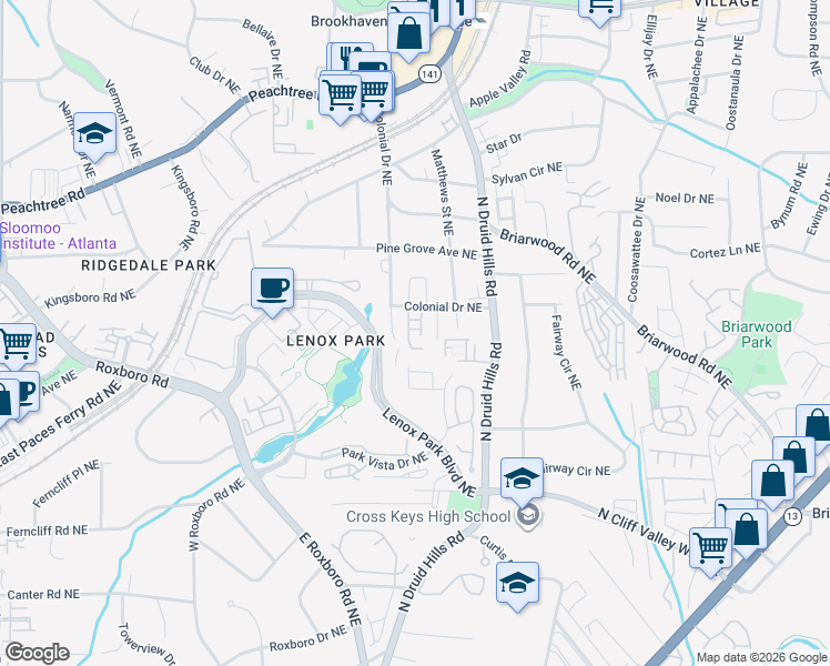 map of restaurants, bars, coffee shops, grocery stores, and more near 1150 Brookhaven Woods Court in Atlanta