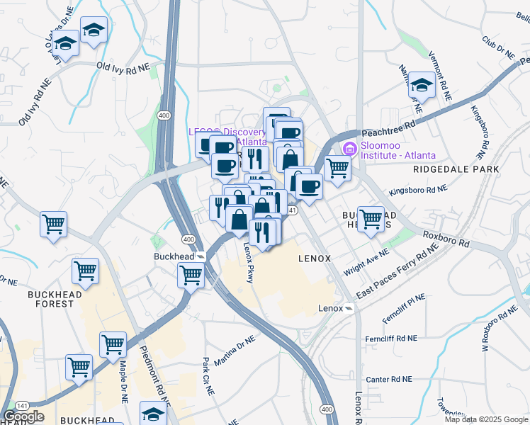 map of restaurants, bars, coffee shops, grocery stores, and more near 3414 Peachtree Road in Atlanta