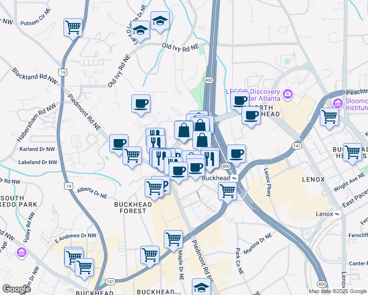 map of restaurants, bars, coffee shops, grocery stores, and more near 2 Buckhead Loop Northeast in Atlanta
