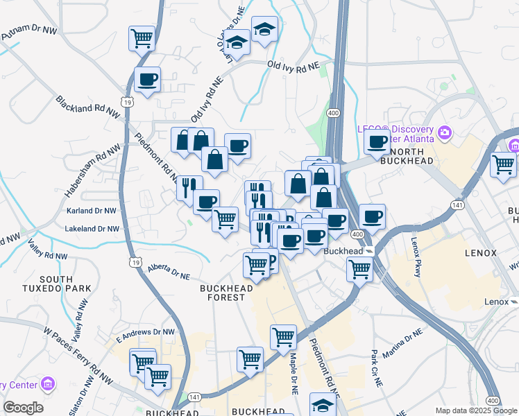 map of restaurants, bars, coffee shops, grocery stores, and more near 3475 Piedmont Road Northeast in Atlanta