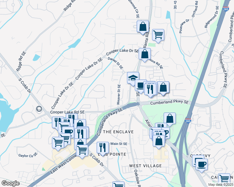 map of restaurants, bars, coffee shops, grocery stores, and more near 4256 Weaver Street Southeast in Smyrna