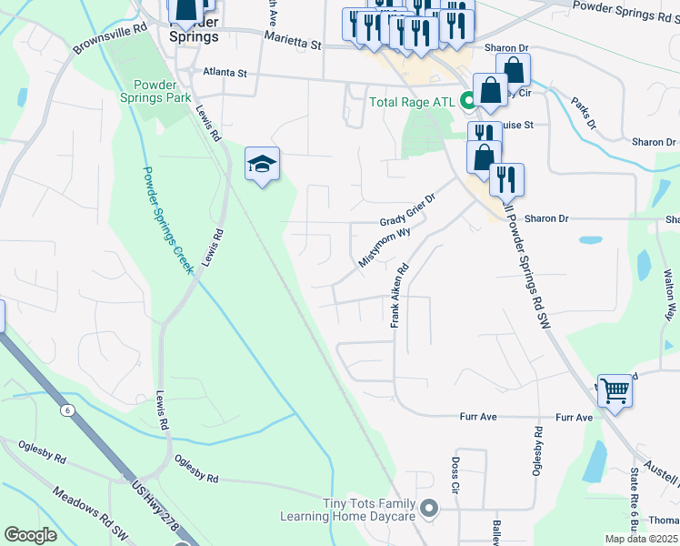 map of restaurants, bars, coffee shops, grocery stores, and more near 4170 Mistymorn Way in Powder Springs