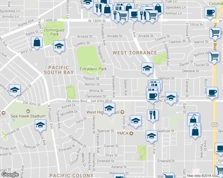 map of restaurants, bars, coffee shops, grocery stores, and more near 5305 Wilma Street in Torrance