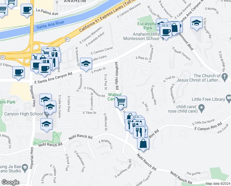 map of restaurants, bars, coffee shops, grocery stores, and more near 396 Auburn Heights Lane in Anaheim