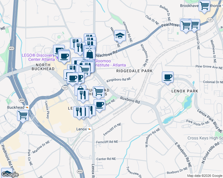 map of restaurants, bars, coffee shops, grocery stores, and more near 3511 Roxboro Road Northeast in Atlanta