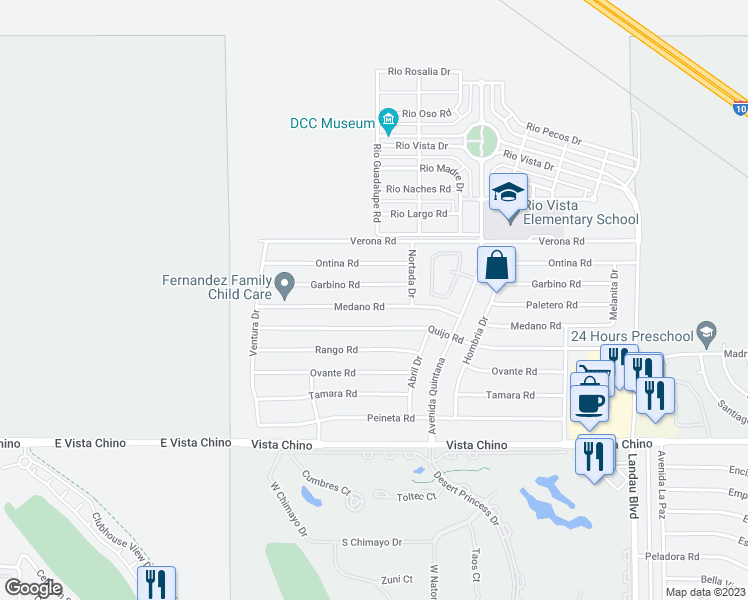 map of restaurants, bars, coffee shops, grocery stores, and more near 67355 Garbino Road in Cathedral City