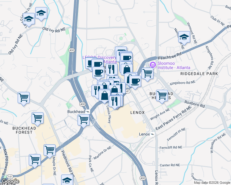 map of restaurants, bars, coffee shops, grocery stores, and more near 3399 Peachtree Road in Atlanta