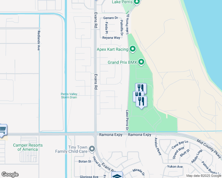 map of restaurants, bars, coffee shops, grocery stores, and more near 4508 Brimstone Avenue in Perris