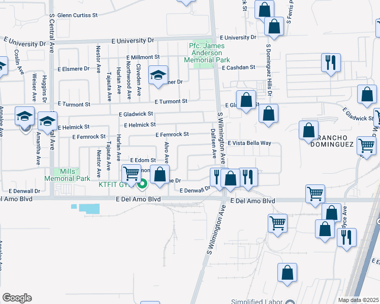 map of restaurants, bars, coffee shops, grocery stores, and more near 1807 East Calstock Street in Carson