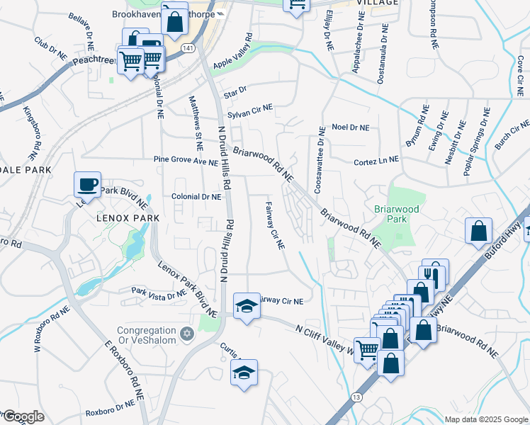 map of restaurants, bars, coffee shops, grocery stores, and more near 1875 Fairway Circle Northeast in Atlanta