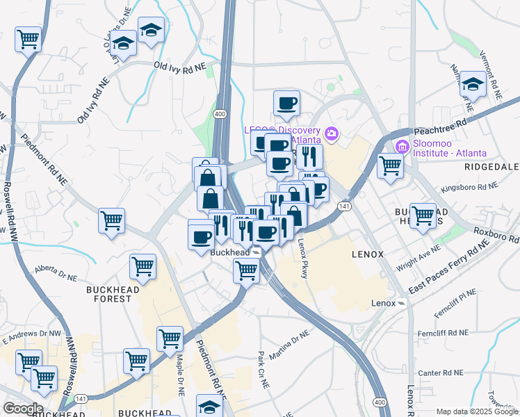 map of restaurants, bars, coffee shops, grocery stores, and more near 3390 Stratford Road Northeast in Atlanta