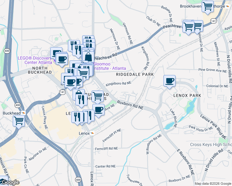 map of restaurants, bars, coffee shops, grocery stores, and more near 3511 Roxboro Road Northeast in Atlanta