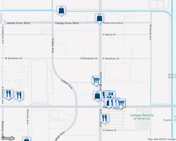 map of restaurants, bars, coffee shops, grocery stores, and more near 4244 North Perris Boulevard in Perris