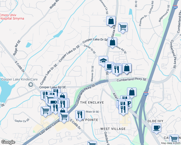 map of restaurants, bars, coffee shops, grocery stores, and more near 4256 Weaver Street Southeast in Smyrna