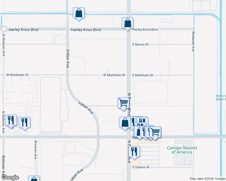 map of restaurants, bars, coffee shops, grocery stores, and more near 4244 North Perris Boulevard in Perris