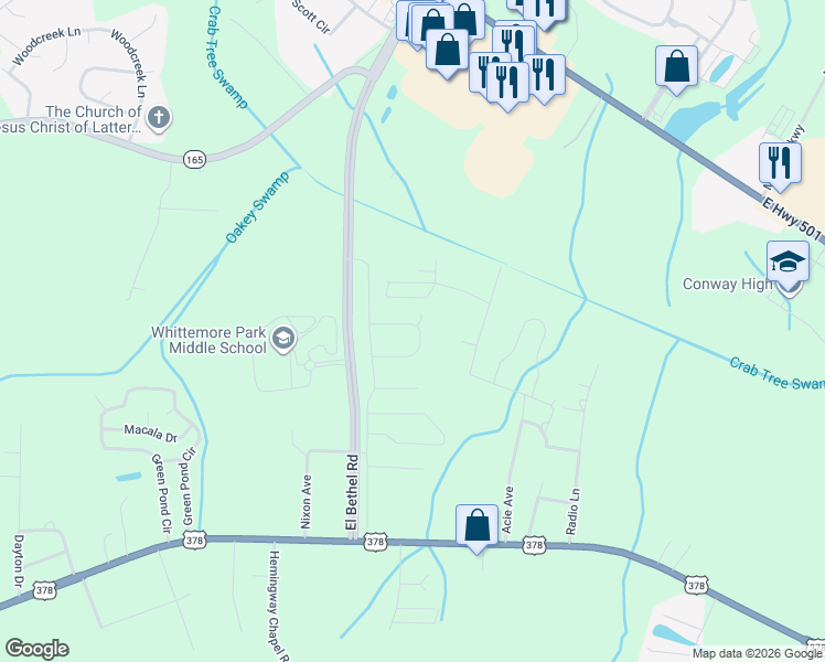 map of restaurants, bars, coffee shops, grocery stores, and more near 2515 West Road in Conway