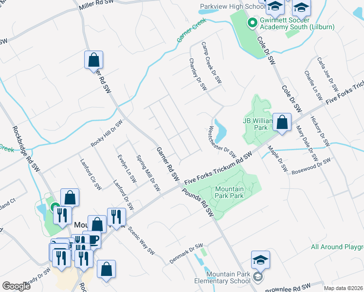 map of restaurants, bars, coffee shops, grocery stores, and more near 1157 Pearl Mist Drive in Lilburn