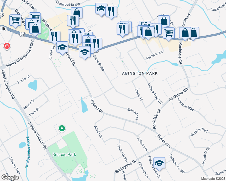 map of restaurants, bars, coffee shops, grocery stores, and more near 2256 Street Deville Southwest in Snellville