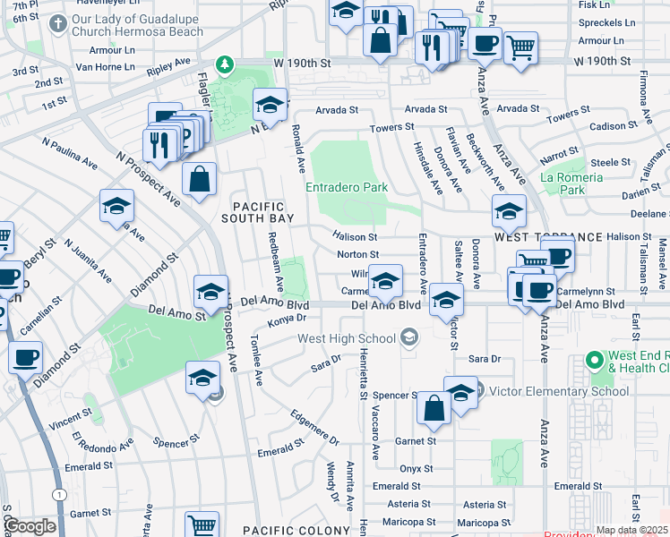 map of restaurants, bars, coffee shops, grocery stores, and more near 5522 Norton Street in Torrance