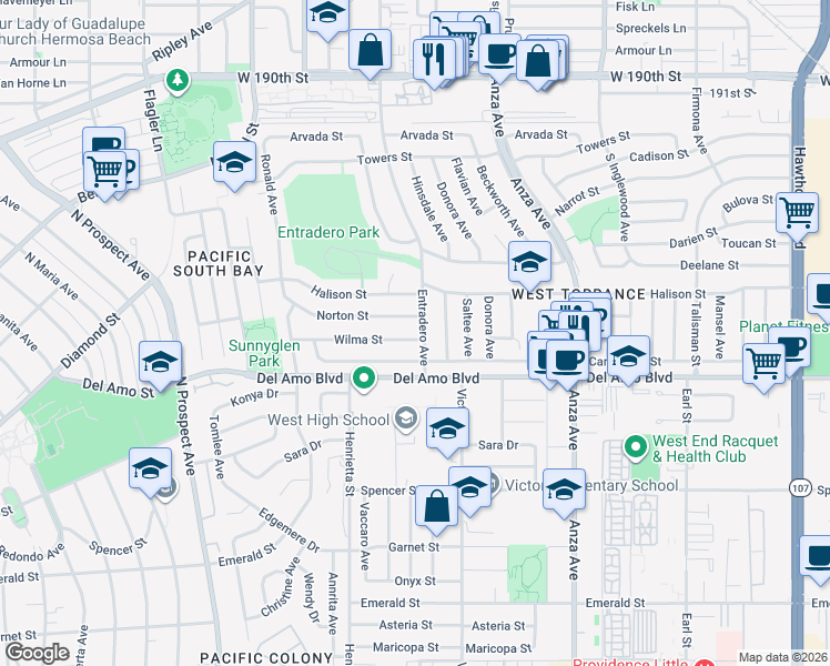 map of restaurants, bars, coffee shops, grocery stores, and more near 5305 Wilma Street in Torrance