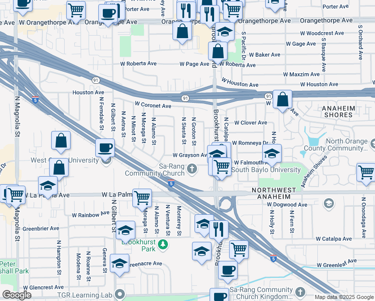 map of restaurants, bars, coffee shops, grocery stores, and more near 1206 North Siesta Street in Anaheim