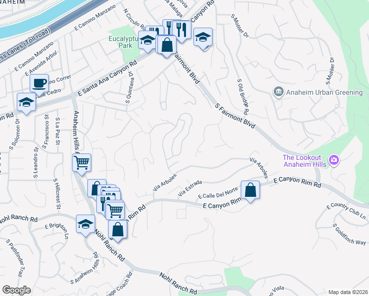 map of restaurants, bars, coffee shops, grocery stores, and more near 350 South Whitestone Drive in Anaheim