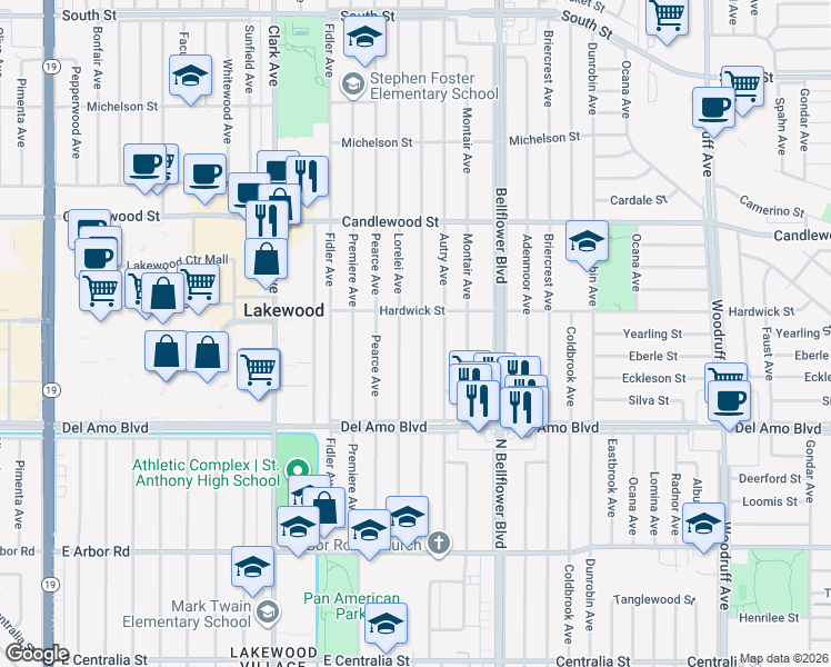 map of restaurants, bars, coffee shops, grocery stores, and more near 5052 Hersholt Avenue in Lakewood
