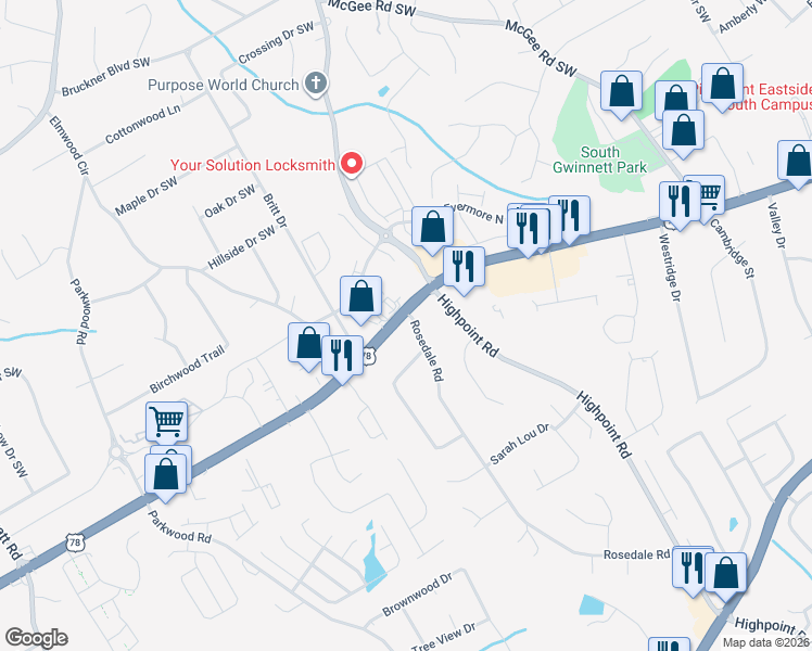 map of restaurants, bars, coffee shops, grocery stores, and more near 2154 Rosedale Road in Snellville