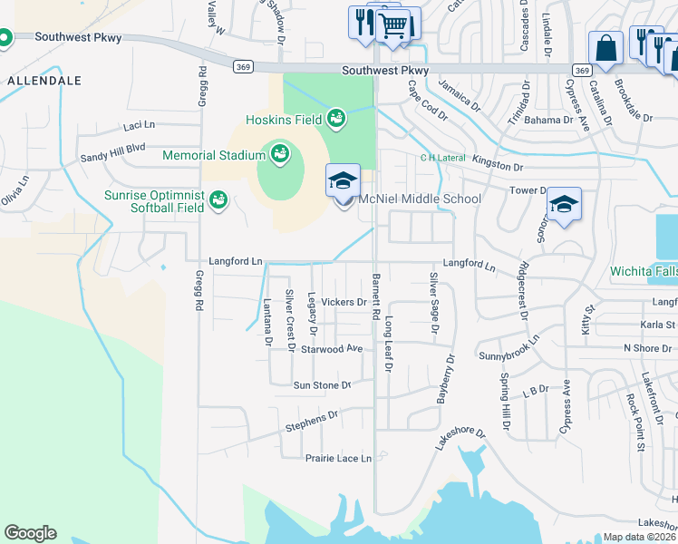 map of restaurants, bars, coffee shops, grocery stores, and more near 6 Karen Court in Wichita Falls