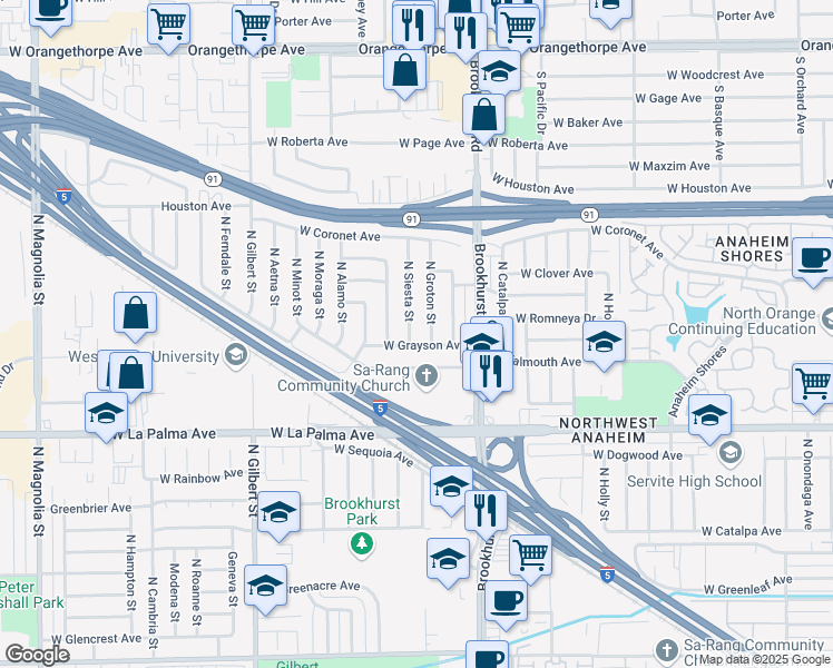map of restaurants, bars, coffee shops, grocery stores, and more near 1206 North Siesta Street in Anaheim
