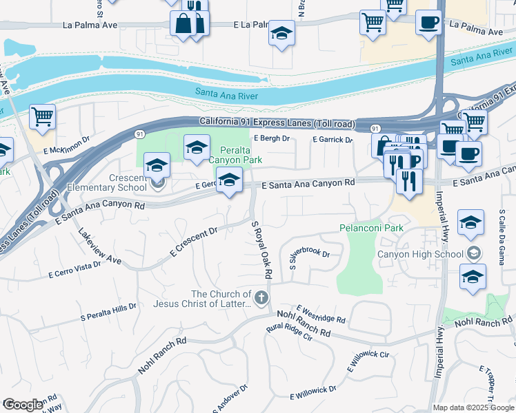 map of restaurants, bars, coffee shops, grocery stores, and more near 125 South Orange Hill Lane in Anaheim