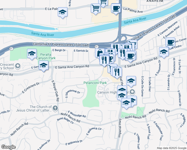 map of restaurants, bars, coffee shops, grocery stores, and more near 155 South Avenue Felipe in Anaheim