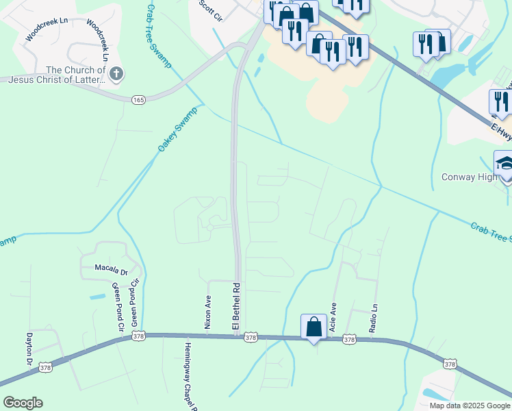 map of restaurants, bars, coffee shops, grocery stores, and more near 525 West Road in Conway