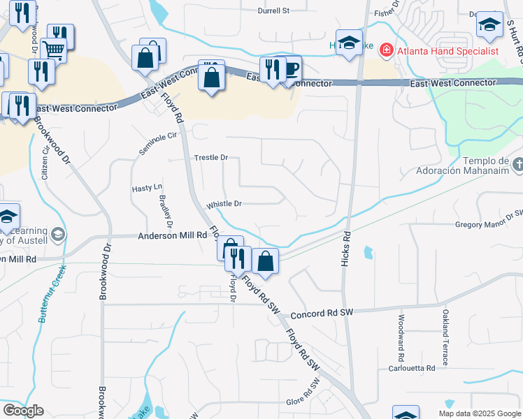 map of restaurants, bars, coffee shops, grocery stores, and more near 1055 Whistle Drive in Austell